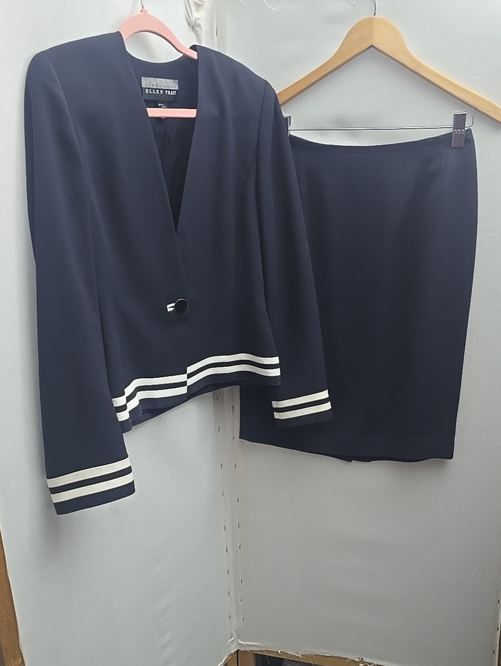 Ellen Tracy Navy Blazer and Pencil Skirt with White Stripe Trim